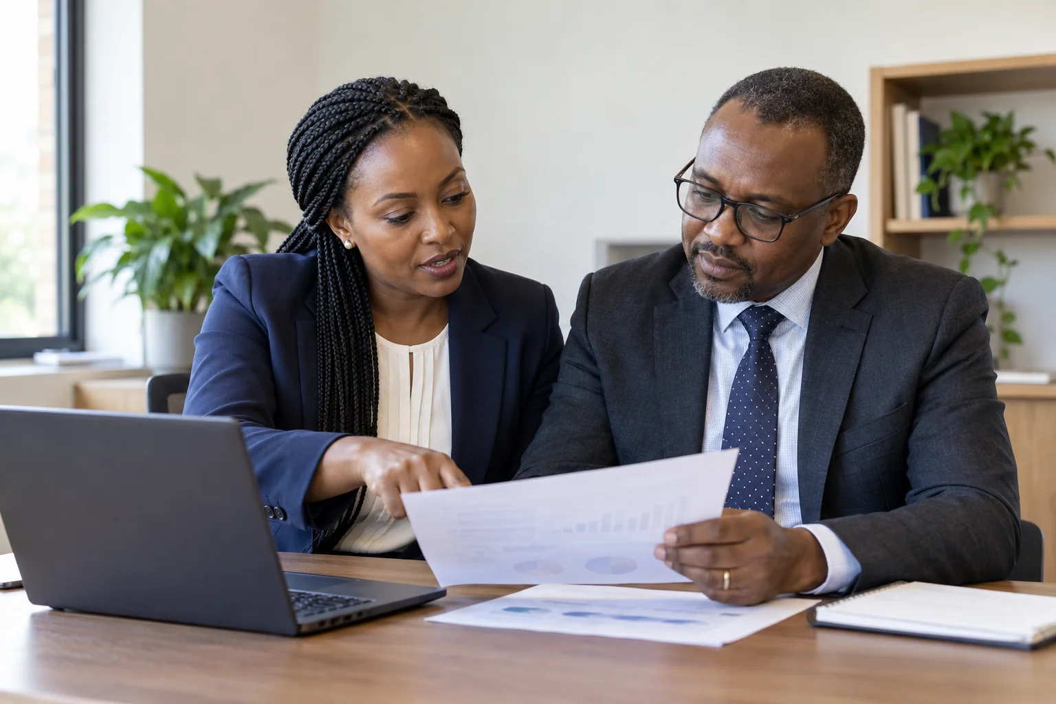HR professionals reviewing a report together at a laptop